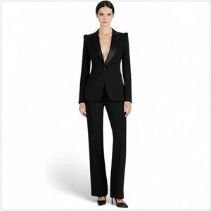 Donna Karan Black Puff Sleeve Jacket Molded Doubleknit Tuxedo Pants Suit NWT 2
